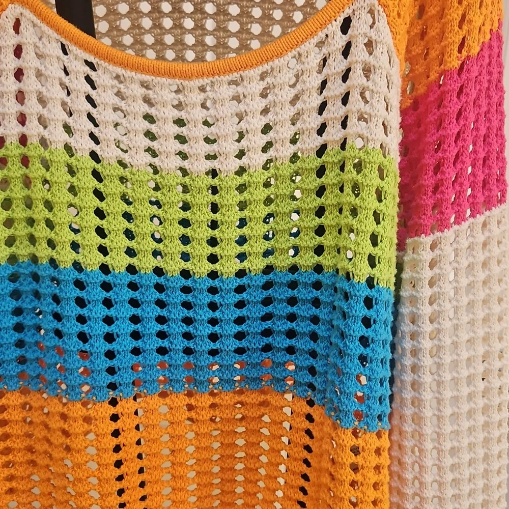 WILD FABLE Womens Sweater Open Knit Boho Crochet Crop Colorful 70s Style - XL